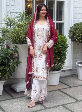 White Chinon Embroidered Work Palazzo Suit for Women