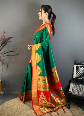 Paithani Silk Classic Saree in Green and Red with Woven Work for Festival