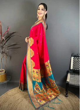 Paithani Silk Traditional Saree in Light Blue and Rose Pink with Woven Work for Festival