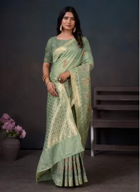 Cotton Silk Trendy Saree in Sea Green with Woven Work for Women