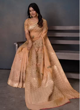 Cotton Silk Trendy Saree with Woven Work for Ceremonial in Peach