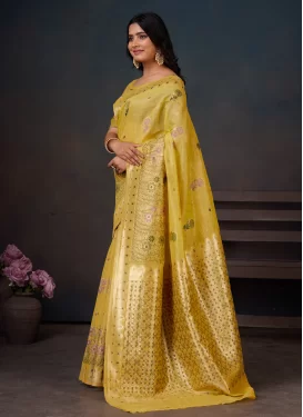 Cotton Silk Classic Saree in Yellow with Woven Work for Festival