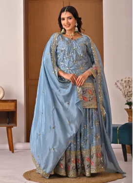 Light Blue Chinon Palazzo Suit with Embroidered Work for Party