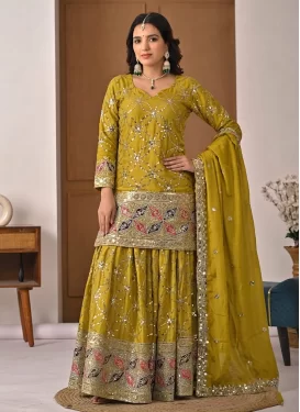 Mustard Chinon Palazzo Suit with Embroidered Work for Festival
