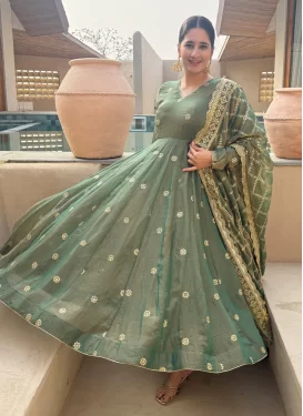 Embroidered Work Fendi Silk Anarkali Suit in Green for Festival