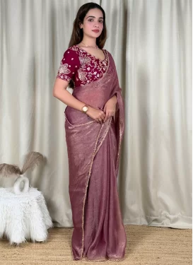 Fancy Fabric Classic Saree with Beads Work for Ceremonial in Mauve Pink