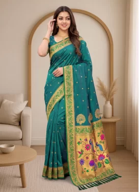 Teal Paithani Silk Woven Work Trendy Saree for Women
