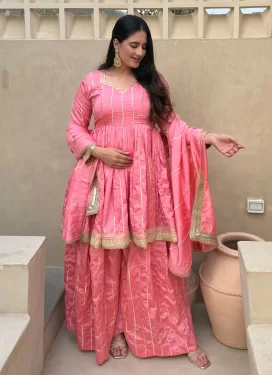 Pink Vichitra Silk Palazzo Suit with Embroidered Work for Festival