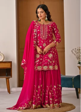 Embroidered Work Palazzo Suit For Ceremonial in Rose Pink