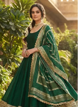 Vichitra Silk Anarkali Suit in Green with Embroidered Work for Women