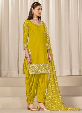Embroidered Work Straight Suit For Ceremonial in Mustard