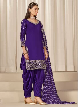 Silk Blend Straight Suit with Embroidered Work for Festival in Purple
