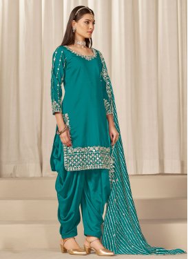 Silk Blend Straight Suit with Embroidered Work for Ceremonial in Aqua Blue
