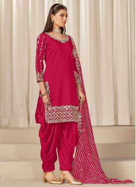 Silk Blend Straight Suit in Rose Pink with Embroidered Work for Women