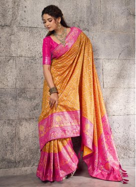 Woven Work Traditional Saree For Ceremonial in Mustard and Rose Pink