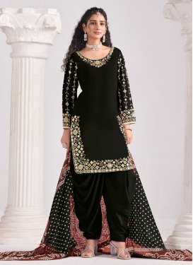 Embroidered Work Silk Blend Punjabi Salwar Suit in Black for Women