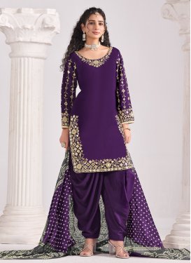 Purple Silk Blend Punjabi Salwar Suit with Embroidered Work for Festival