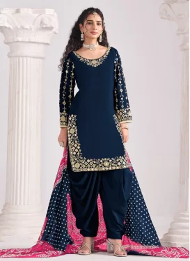 Embroidered Work Punjabi Salwar Suit For Ceremonial in Navy Blue