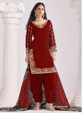 Silk Blend Embroidered Work Punjabi Salwar Suit in Maroon
