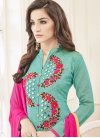 Invaluable Aqua Blue and Rose Pink Chanderi Silk Churidar Salwar Kameez - 1