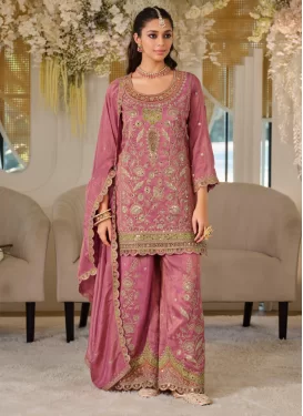 Dola Silk Palazzo Suit with Embroidered Work in Pink for Party