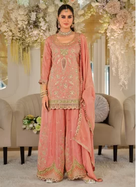 Dola Silk Palazzo Suit with Embroidered Work in Peach for Festival