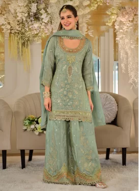 Sea Green Dola Silk Embroidered Work Palazzo Suit for Women