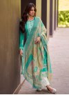 Off White and Turquoise Pant Style Straight Salwar Kameez For Festival - 1