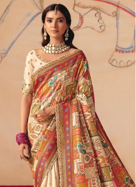 Dola Silk Classic Saree in Cream with Embroidered Work for Women