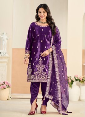 Purple Velvet Embroidered Work Punjabi Salwar Suit for Women