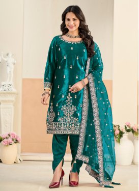 Embroidered Work Velvet Punjabi Salwar Suit in Teal for Women