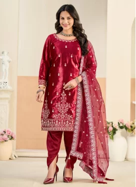 Embroidered Work Punjabi Salwar Suit For Festival in Red