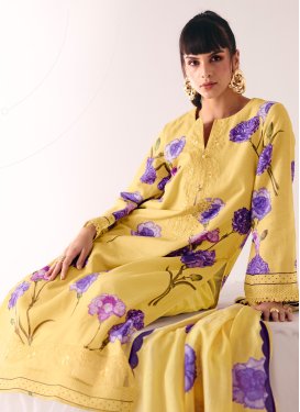 Digital Print Work Cotton Straight Suit in Yellow for Women