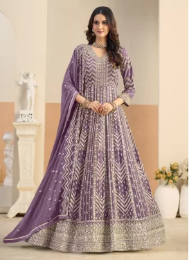 Georgette Anarkali Suit with Embroidered Work for Ceremonial in Violet