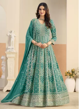 Georgette Anarkali Suit in Sea Green with Embroidered Work for Party