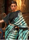 Black and Turquoise Digital Print Work Satin Silk Designer Contemporary Style Saree - 1