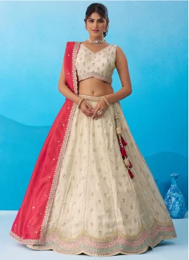 Tissue Trendy Lehenga Choli with Embroidered Work for Party in Cream