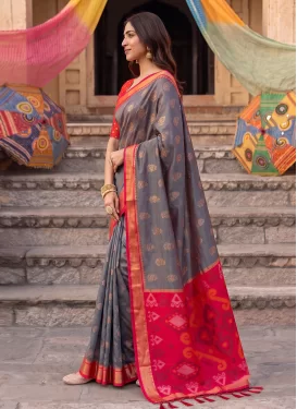 Silk Blend Woven Work Traditional Saree in Grey and Red