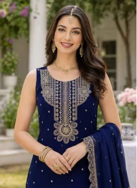 Navy Blue Georgette Embroidered Work Readymade Salwar Suit for Women