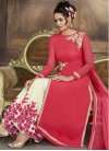 Embroidered Work Off White and Rose Pink Faux Georgette Palazzo Style Pakistani Salwar Kameez - 1
