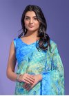 Faux Chiffon Blue and Turquoise Digital Print Work Designer Traditional Saree - 1