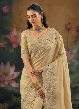 Cream Silk Embroidered Work Traditional Saree for Women