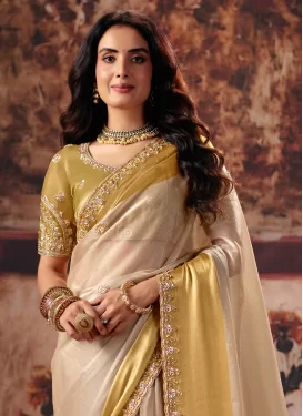 Organza Trendy Saree in Beige and Mustard with Beads Work for Ceremonial