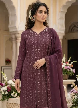 Embroidered Work Georgette Straight Suit in Wine for Women