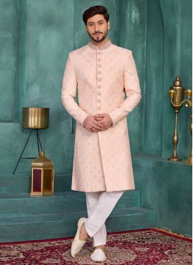 Art Silk Wedding Sherwani in Peach with Beads Work for Men