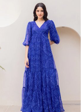 Georgette Designer Gown with Bandhani Print Work in Blue for Ceremonial