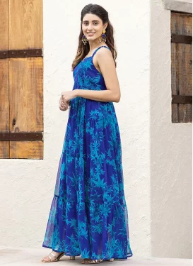 Georgette Designer Gown in Blue with Digital Print Work for Women