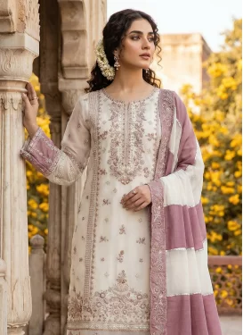 Embroidered Work Organza Pakistani Suit in Off White and Pink for Women