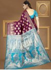 Jacquard Silk Thread Work Light Blue and Wine Traditional Saree - 2