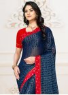 Navy Blue and Red Lace Work Faux Chiffon Designer Contemporary Saree - 1